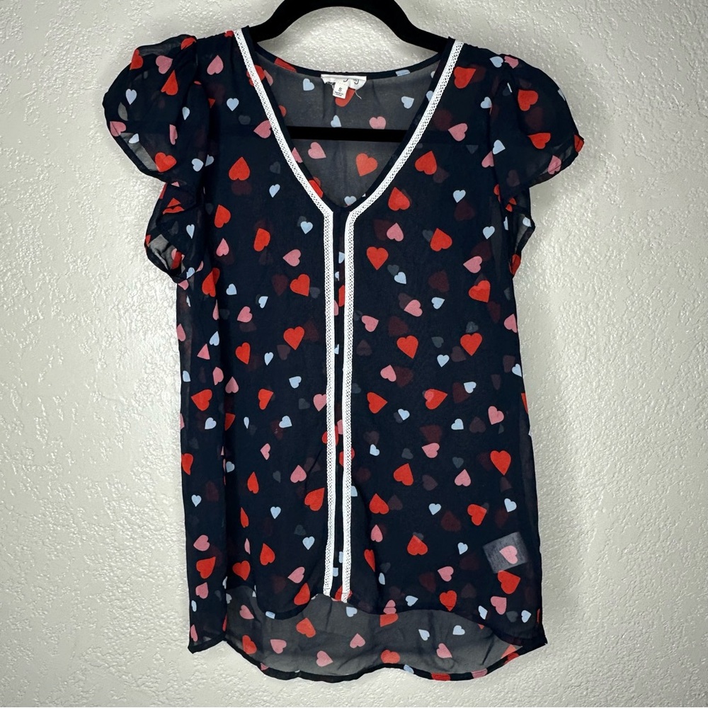 Maison Jules Navy Heart Print Sheer Blouse